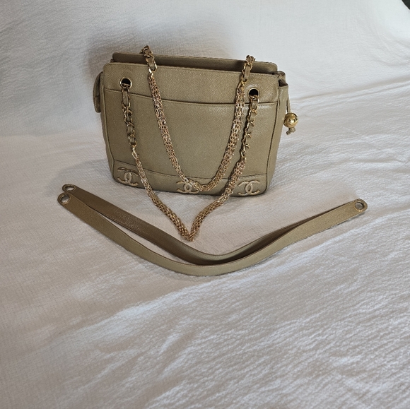 Chanel Caviar Leather Tripple CC Tote Bag Purse Beige 24K Vintage Coco Mark Gold - Picture 17 of 17
